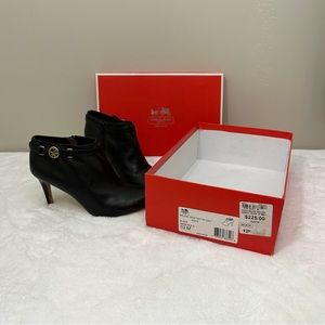 Coach Black Women’s Black Leather Salene Boots w Gold Ankle Bootie Heel Size 10